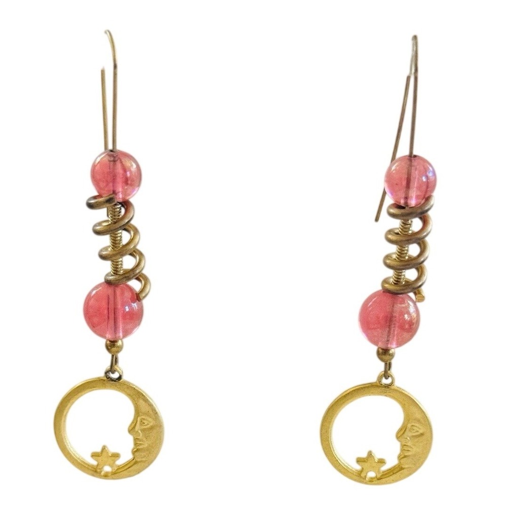 VTG Crescent Moon Earrings Statement Flashy Chunky Pink Lucite Dangle Gold 90s‎